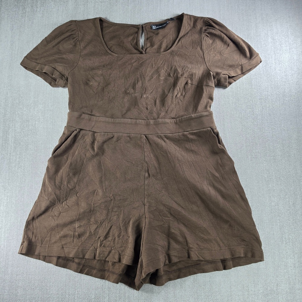 NY&C Romper Women XL Brown Puff Sleeve Cotton Square Neck Pockets‎